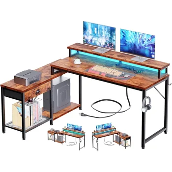 L оформено компютърно бюро с чекмедже, с LED светлини и електрически контакти, 2 рафта и стойка за монитор
