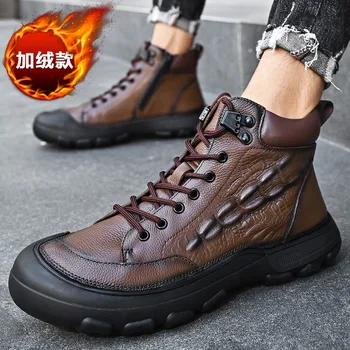 High Top Walking Casual Shoes Men Ankle Boots Motorcycle Men's Boots Retro Outdoor Boots Comfortable Tactical Fleece Warm Hiking