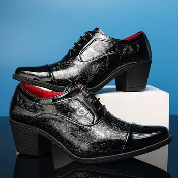 Обувка голям размер 46 заострени пръсти рокля обувки мъже Оксфорд обувки за мъже Zapatos де Vestir ново пристигане висок ток мъжки черна кожа