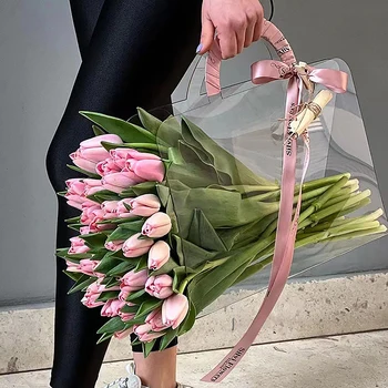 1Pc прозрачен PET свеж букет цветя чанта цветя опаковане чанта фестивали парти роза пакет преносим опаковане чанта