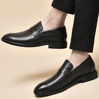 Обувки за мъже 2023 Моден фиш върху кожени ежедневни обувки Пролет и есен Твърди кухи дишащи квадратни корен бизнес обувки