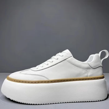 Естествена кожа Ръчно ушити мъжки обувки Бели спортни обувки за увеличаване на борда Дебели подметки Повишаване на обувките за хляб Повишени Pantshoes Man