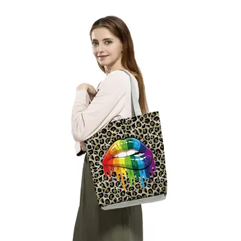 Леопардови устни печат чанти случайни плаж мъкна висок капацитет еко многократна употреба пазарска чанта сгъваеми жени рамо чанта потребителски модел