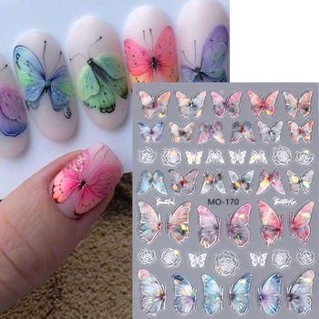 5D розов Aurora черупка лазерна пеперуда нокти стикери писмо дизайн релефни цветя лепило ноктите плъзгач пролетта маникюр ваденки