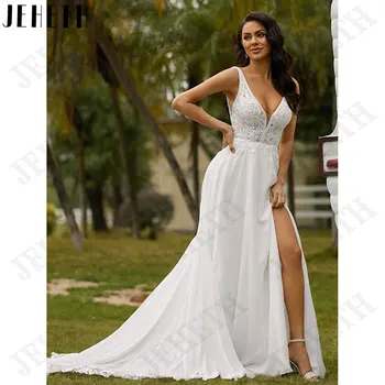 JEHETH Спагети презрамки A-Line шифон булката рокли дантела апликации сватбени рокли без гръб страничен цепка бутон vestidos para mujer