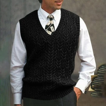 Модерен мъжки кабел плетен пуловер жилетка тънък годни V врата без ръкави пуловери за есен пролет лято зима