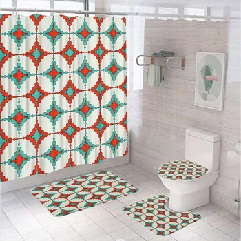 Цветни геометрични Morden баня комплект плат душ завеса мек килим баня мат капак тоалетна капак килим вана екран дома декор