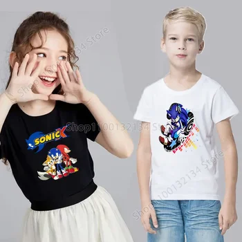Sonics Детски тениски Черно бяло памук къси ръкави Tees карикатура аниме игра върховете мода летни дрехи момчета момичета подарък нов