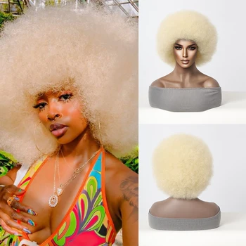 Афро къдрава бомба синтетични перуки платинена блондинка пълна пухкава къса извратена къдрава перука с бретон за черни жени топлоустойчиви ежедневно