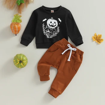 Малко дете момче есенни дрехи Хелоуин екипировки тиква печат дълъг ръкав екипажа врата суитчър ластик панталони комплект