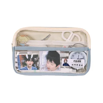 Голям капацитет многослойни прозрачни платно прост молив случай момичета Kawaii козметична чанта детски канцеларски кутия подарък комплект