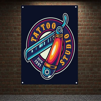 Colorful татуировка студио лого тип плакати стена изкуство прав бръснач реколта стил банер знамена гоблен стена висящи живопис