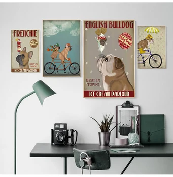 английски булдог сладолед куче живопис платно картини за хол куче велосипед стена изкуство ретро плакати и щампи Quadros