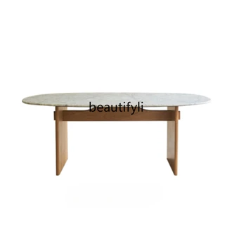 Каменна плоча маса за хранене масивна дървесина домакинство скандинавски и японски стил проста маса за хранене овален дизайн