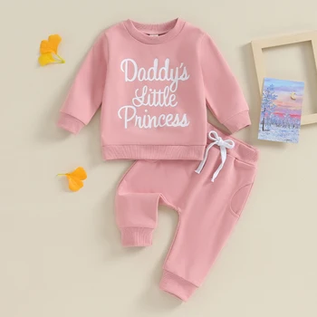 Татко Малка принцеса Малко дете Бебе Момиче Есенни тоалети Crewneck върхове дълги панталони 2PCS розови дрехи