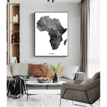 сив черен бял картина за хол Начало декор Африка карта плакати и отпечатъци акварел карта пътуване стена изкуство платно живопис