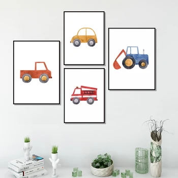 Cute Machine Boys Blue Tractor Fire Truck Canvas Paintings Wall Art Pictures Gift Posters And Prints For Kids Room Home Decor