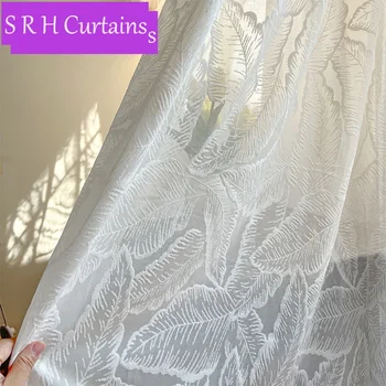 Луксозни релефни стереоскопични бели копринени листа бродерия спалня отвесни тюл завеса за хол прозорец Voile нишка завеси