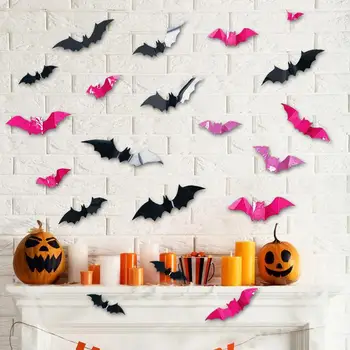 16Pcs Розов стикер за стена на прилеп за Хелоуин 3D стикери за стена Страшен Decos Props Празничен DIY Начало Стикери за стена Хелоуин декорации