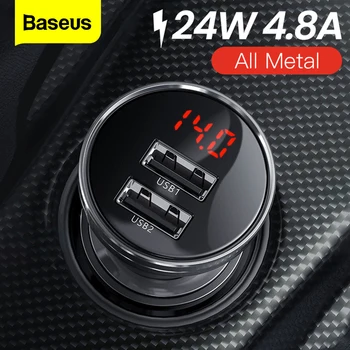 Baseus All Metal Dual USB зарядно за кола 24W 4.8A бързо USB зарядно за кола LED адаптер за зареждане на автомобил за iPhone Xiaomi мобилен телефон