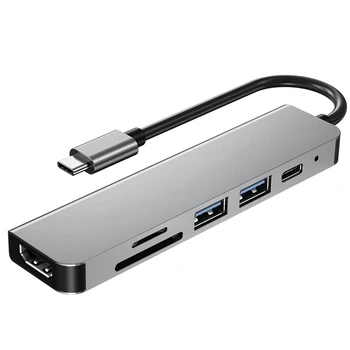 6 в 1 USB тип C хъб адаптер с 4K 30Hz -съвместим многопортов четец на карти USB3.0 TF PD видео мулти портове адаптер