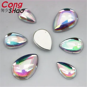 Cong Shao 100Pcs 3 размер AB Clear плосък акрил капка кристал тапицерия камъни и кристали DIY сватбена рокля бутон CS237