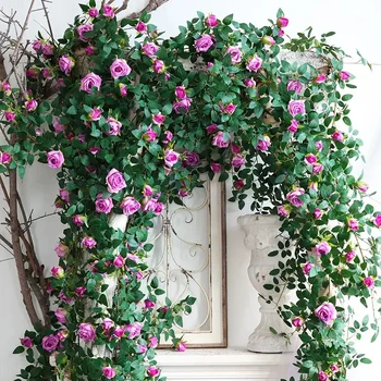 Изкуствени цветя роза лоза 175cm/69in висящи растения коприна венец зелено растение дома градина стена ограда сватба рожден ден декор