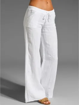 Лято извънгабаритни широки панталони крак жени реколта памук бельо Palazzo мода дълги панталони случайни ластик твърди Pantalon 5XL