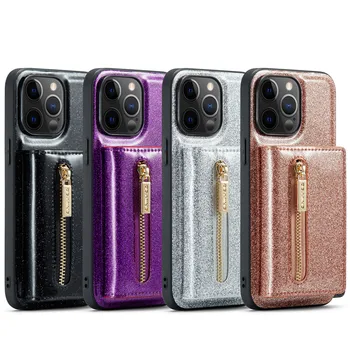Glitter цип карта чанта телефон случай за Iphone 14 плюс 13 12 11 Pro Max магнитна кожа портфейл черупка капак