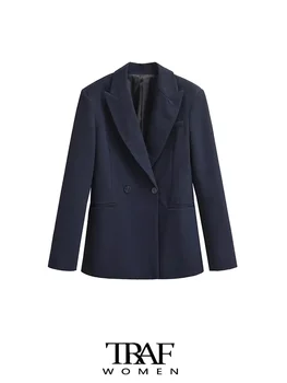 TRAF-Дамски двуреден офис облекло Блейзъри палто, дълъг ръкав, обкантени джобове, женски връхни дрехи, шикозни върхове, мода
