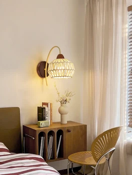 ратан стена лампа скандинавски и японски стил ретро орех лампа проста атмосфера коридор пътека спалня нощно шкафче LED лампа