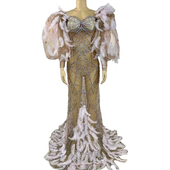 Rhinestone жени луксозен окото дълго перо рокля рожден ден абитуриентски бал рокля певица сцена износване