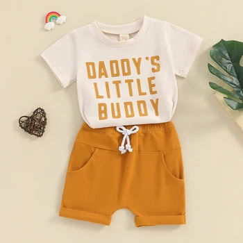Toddler Boy Летни дрехи Комплект Mamas Daddys Little Buddy Print Къс ръкав T Shirt Шорти Outfits Детски дрехи