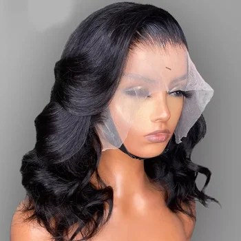 Body Wave Bob Wig 13x4 Прозрачна дантелена фронтална перука Бразилска перука за човешка коса Virgin Remy Hair 4x4 Lace Closure Wig 180% плътност