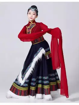Детски тибетски танцов костюм Момиче голям люлка изпълнение пола китайски стил етнически монголски изпълнение