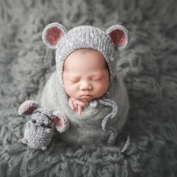 Новородено фотография подпори костюм бебе фото аксесоари бебе фотосесия Beanie плетене на една кука мишка бебе снимка обвивка одеяло