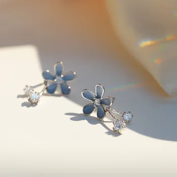 925 Сребърни малки обеци маргаритка Летни сини блестящи диамантени цветни обеци