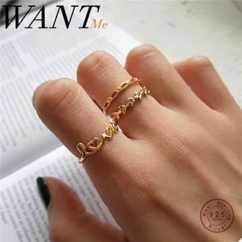 WANTME Genuine 925 стерлинги сребро злато писмо любов листа верига пръст отворен пръстен за модни жени корейски минималистични бижута подарък