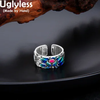 Uglyless Real 999 Фини сребърни ръчно изработени лотосови пръстени за жени будизъм сърце сутра отворен пръстен етнически тайландски сребърни религиозни бижута