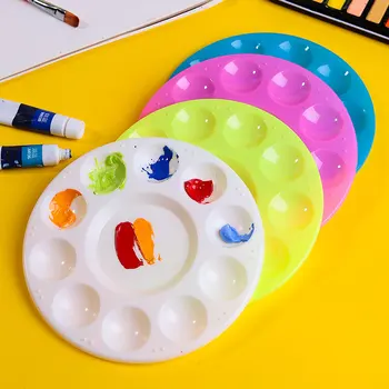 4pcs 10 кладенци кръгли / овални палитри за боя Цветна пластмасова палетна миеща се тава за рисуване за парти DIY занаятчийска и художествена живопис