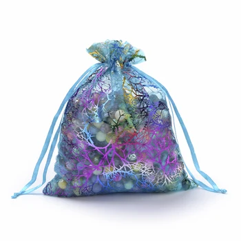 100pcs органза чанта шнур подарък чанти цветни коралови модел опаковъчни чанти сватба Chrismas бижута торбички на едро 4 размера