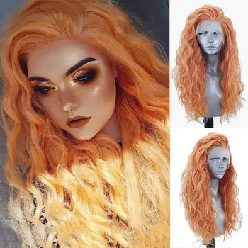 Оранжеви дантелени предни перуки за жени предварително оскубани хлабав къдрава синтетична перука естествена коса без лепило топлина влакна приятелски косплей перука