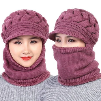 Зимна шапка Beanies Дамска шапка шал топла дишаща вълнена плетена шапка за жени двойни слоеве защитни капачки