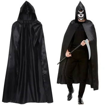 Мрачен комплект костюми Хелоуин Черно наметало с качулка Пластмасова коса Унисекс Смъртоносна роба Фантазия рокля Възрастни Дявол вампир магьосник