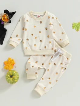Сладко облекло за Хелоуин за бебета Призрачен печат с уютен комплект панталони Очарователен костюм за бебета момчета и момичета