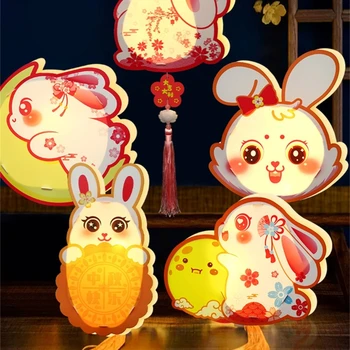 DIY преносим заек фенер китайски фенер ретро стил светещ ефект за средата на есента фестивал благословия зайче дизайн