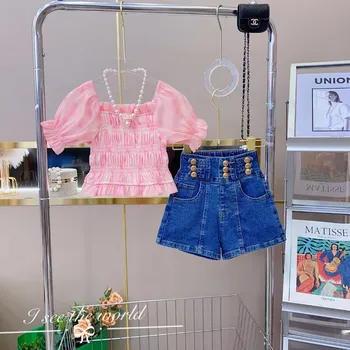 Retail 2023 комплект Мода musim panas bayi perempuan, Atasan + celana pendek дънки setelan putri manis 4-10t