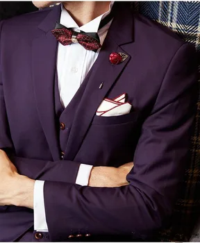 2021 Нов лилав мъжки костюм Сватбени смокинги Рокля на младоженеца Notch Ревера с един бутон Мъже Blazer terno masculino (Яке + панталони + жилетка)
