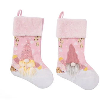Коледа розов безличен гном чорап с плюшен маншет LED осветена чанта за подаръци висящи орнаменти бонбони притежател чорап декор