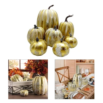 Стилен и реалистичен комплект 7Piece Gold Pumpkin Decor с различни размери и блестящ дизайн DIY Хелоуин декорации
